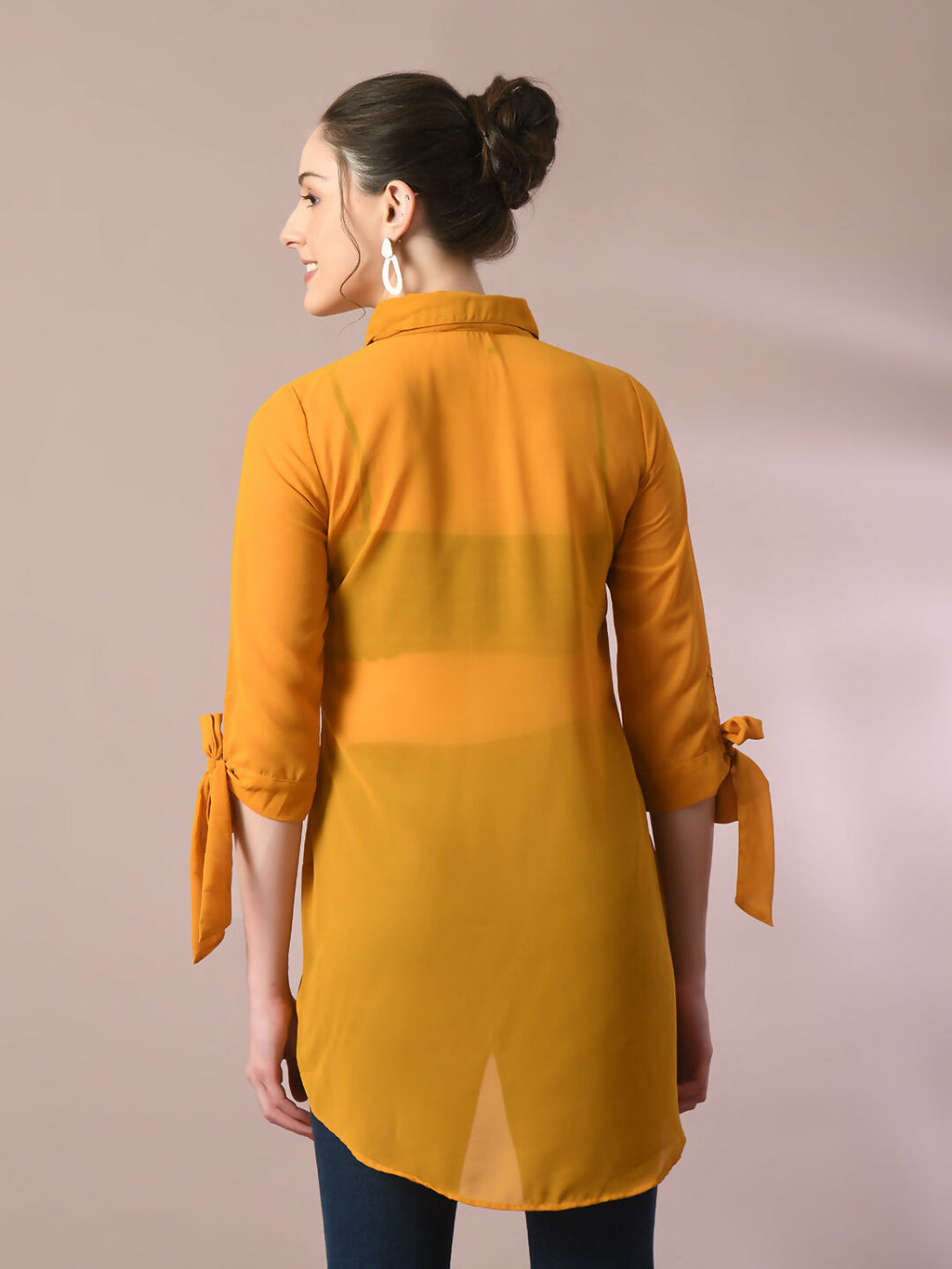 Myshka Women's Yellow Solid Georgette Longline Party Sheer Tunic | Grocsy
