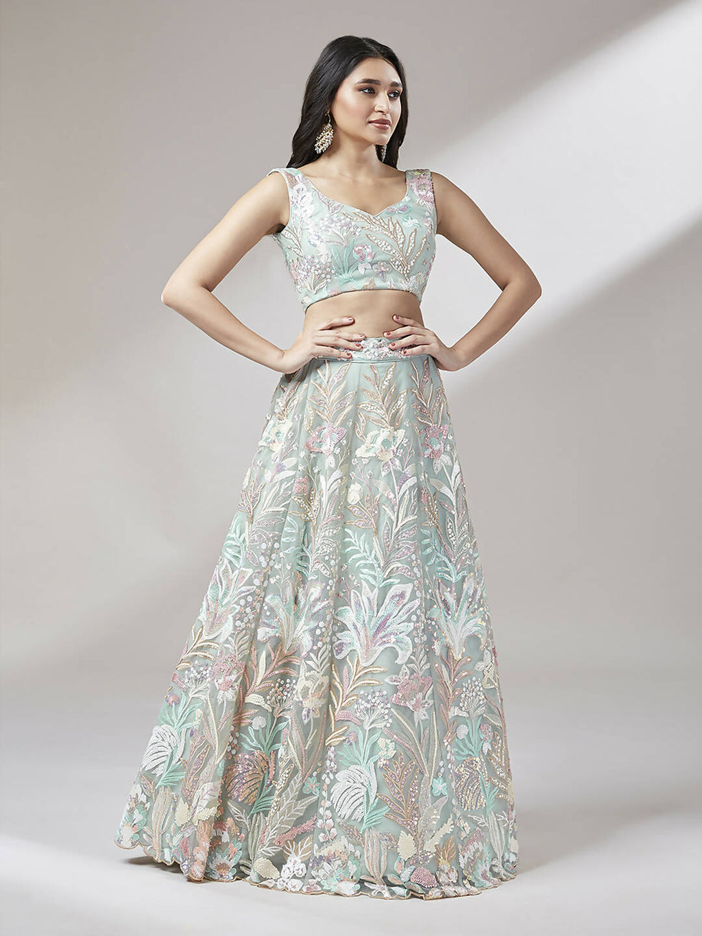 House of Panchhi Lime Green Net Sequinse Work Lehenga & Blouse with Dupatta | Grocsy