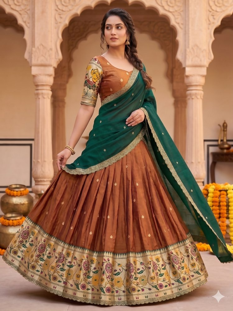 Teeya Creation Elegant Copper Brown Lehenga with Rich Emerald Green Contrast Dupatta | Grocsy