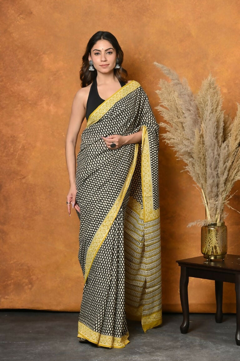 Very Much Indian Handblock Printed Cotton Saree With Natural Dyes - Black & White | Grocsy