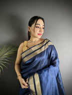 Joban Fashion Navy Blue Woven Pattern Raw Silk Kanjivaram Silk Saree | Grocsy