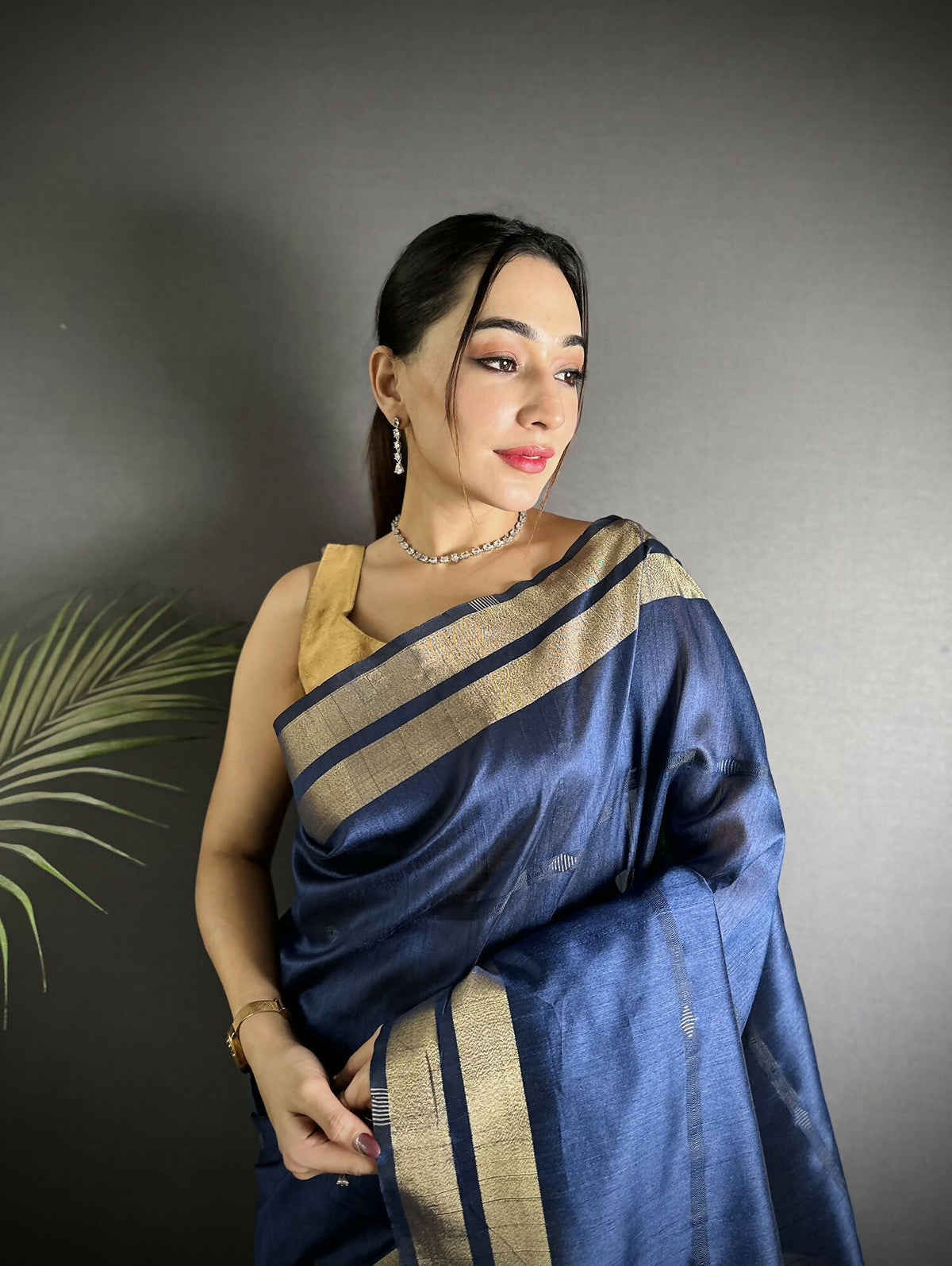 Joban Fashion Navy Blue Woven Pattern Raw Silk Kanjivaram Silk Saree | Grocsy