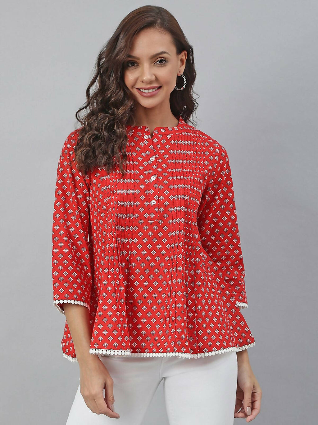 Janasya Women's Red Cotton Floral Print Flared Top | Grocsy