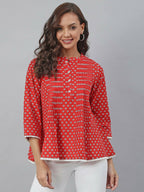 Janasya Women's Red Cotton Floral Print Flared Top | Grocsy