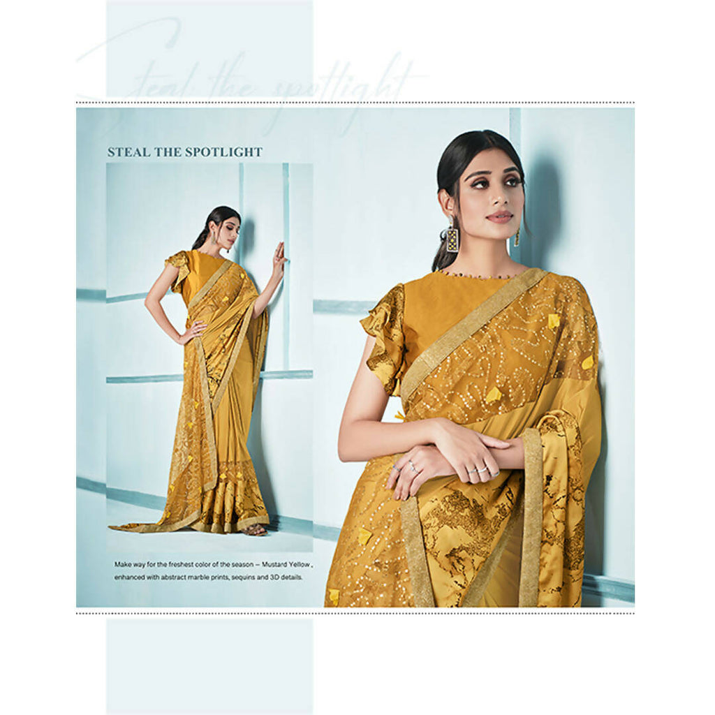 Mustard Lycra sequence Saree with Unstitched Blouse Piece - Norita Elaura | Grocsy