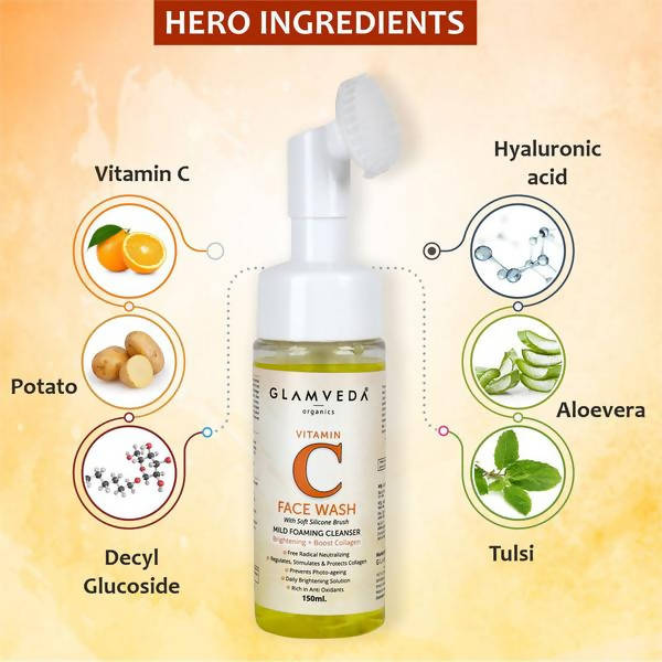 Glamveda Active Vitamin C Brightening & Collagen Boost Foaming Face Wash With Soft Silicone Brush | Grocsy