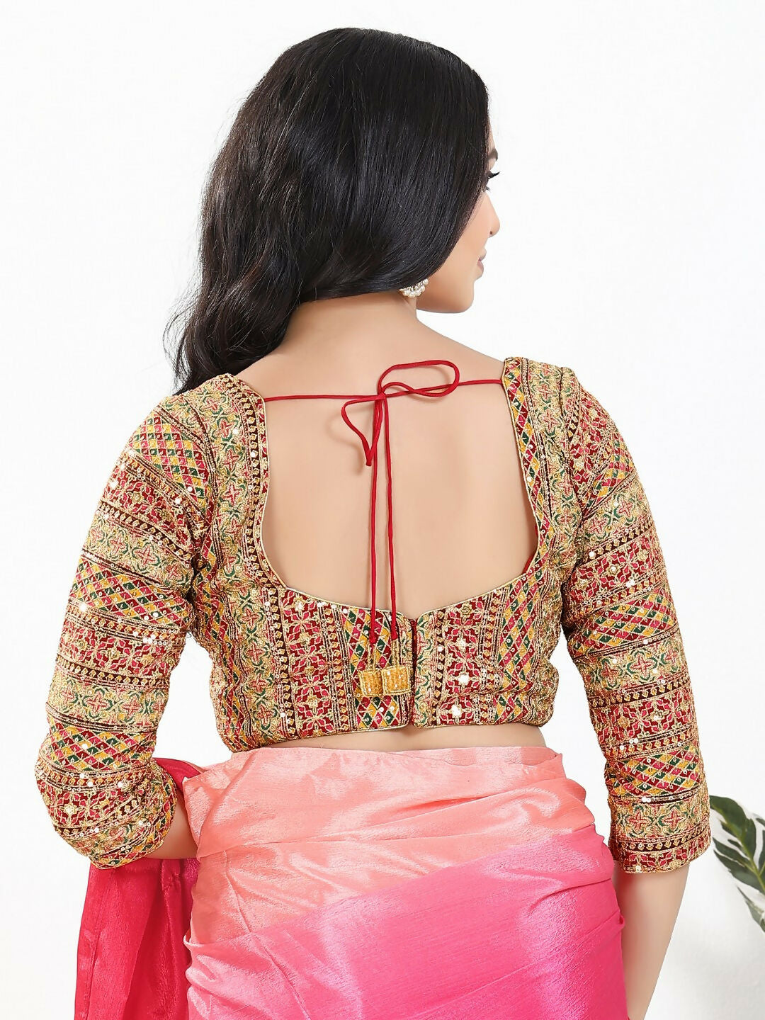 Joban Fashion Pink Multi Silk Padded Blouse With Sweetheart Neck 3/4 Sleeves | Grocsy