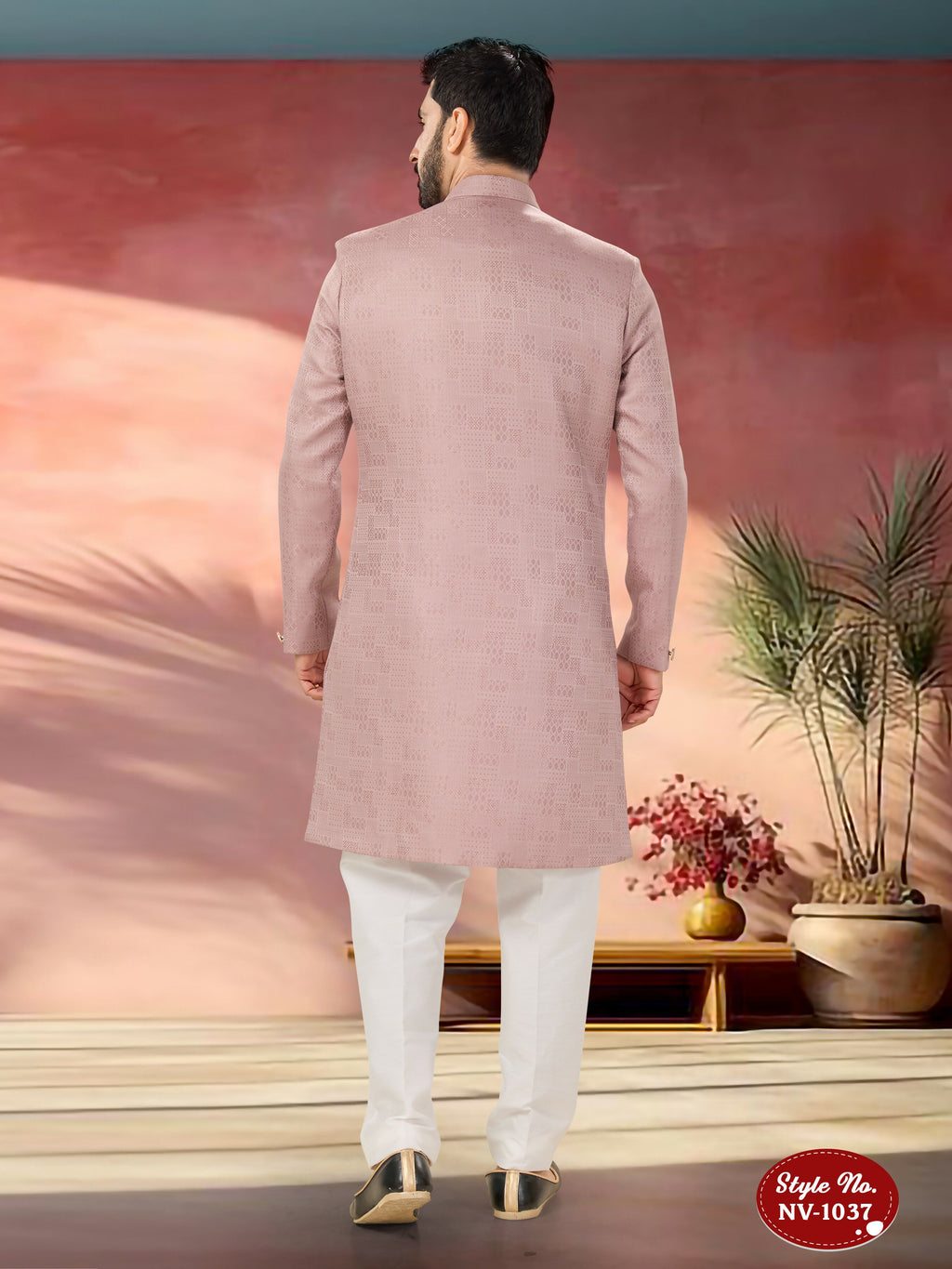 Joban Fashion Men's Pink Straight Imported Tr Self-Design In Fabric Indo-Western Kurta Set | Grocsy