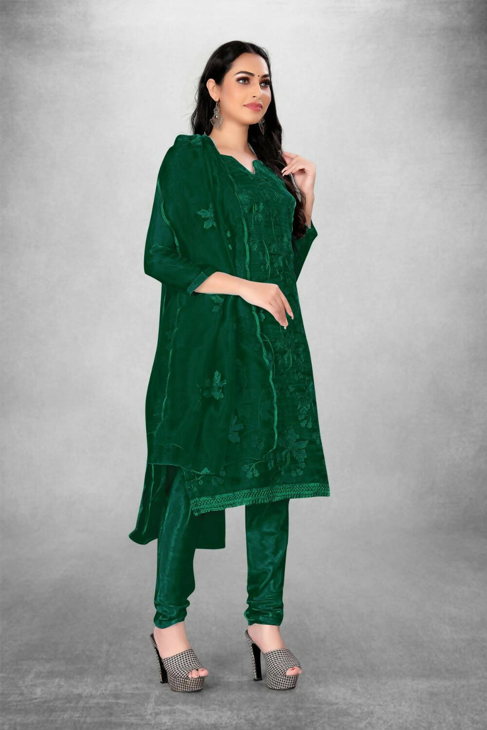 Dark Green Heavy Organza Silk Embroidered Unstitched Dress Material - Amara | Grocsy