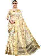 Vamika Weaving Cream Cotton Polyester Silk Saree (Kerala Floral) | Grocsy