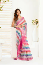Vastranavya Rainbow Digital Printed Linen Ready To Wear Designer Saree with Unstitched Blouse | Grocsy
