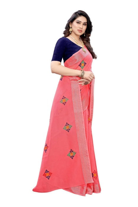 Vamika Chanderi Cotton Embroidery Red Saree (Dixa Red) | Grocsy