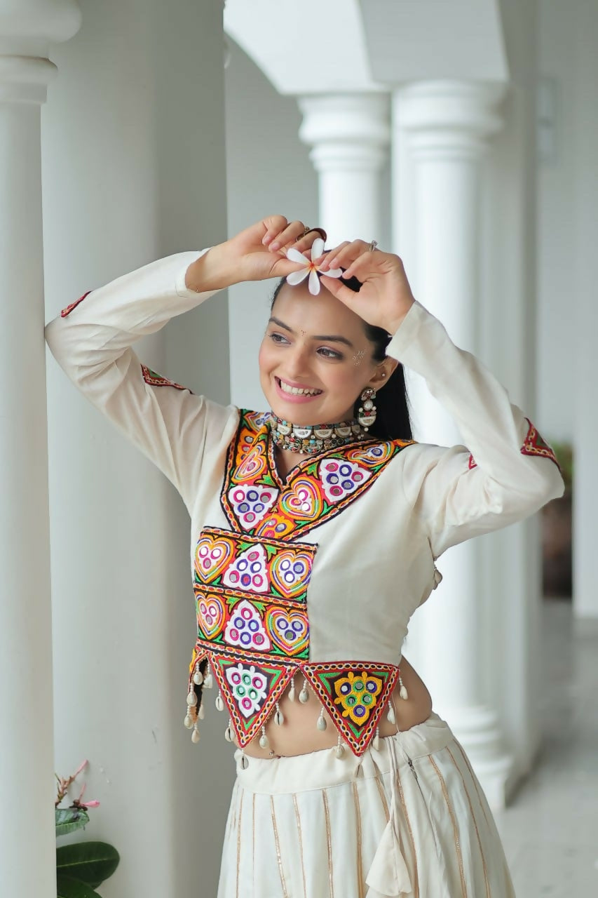 Teeya Creation Off White Colour Pure Cotton Embroidery Work Navratri Lehenga | Grocsy