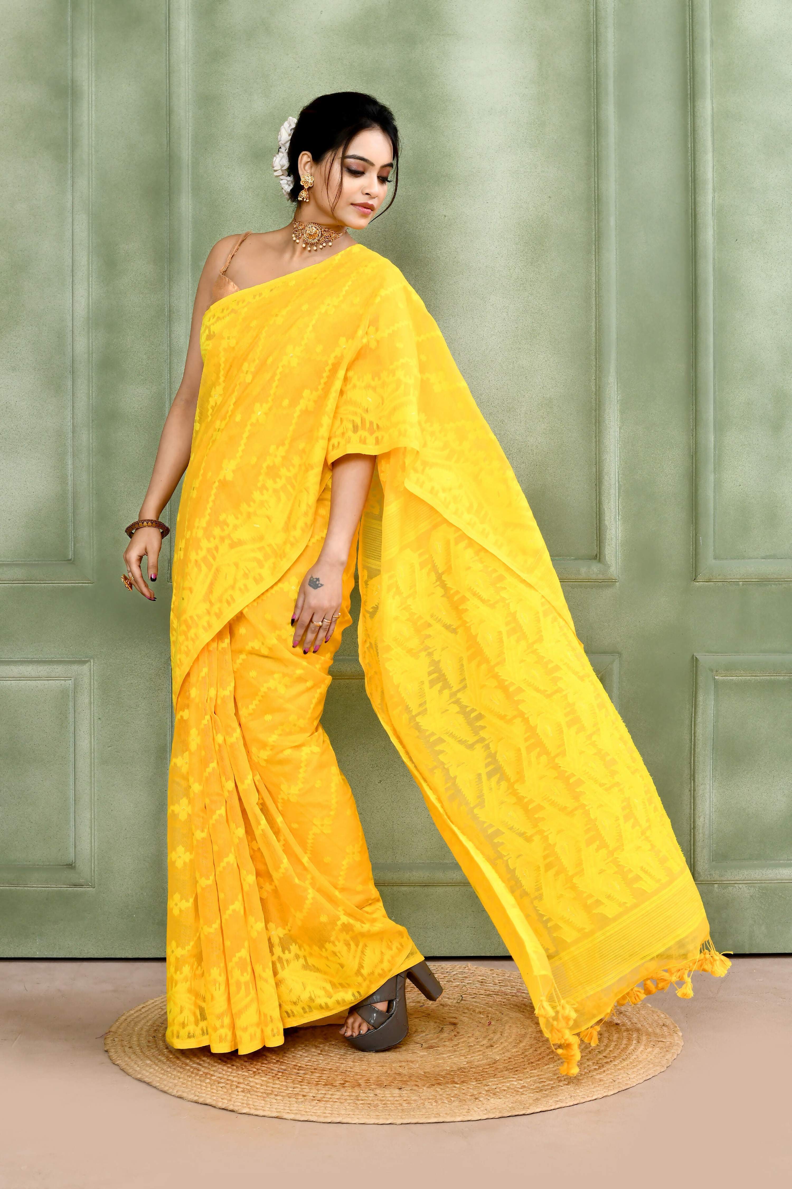 Piyari Fashion Women's Yellow Embellished Cotton Blend Jamdani Saree | Grocsy
