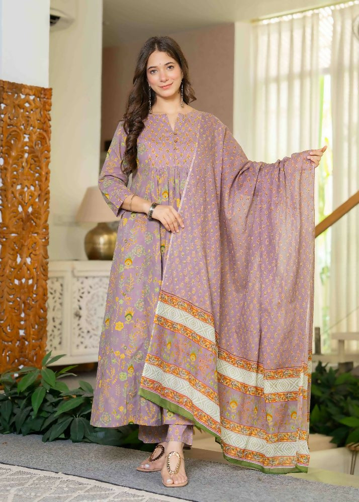 Jaimini Women Cotton Printed Round Neck 3/4 Sleeves Calf Length Flared Kurta Pant And Dupatta Set | Grocsy