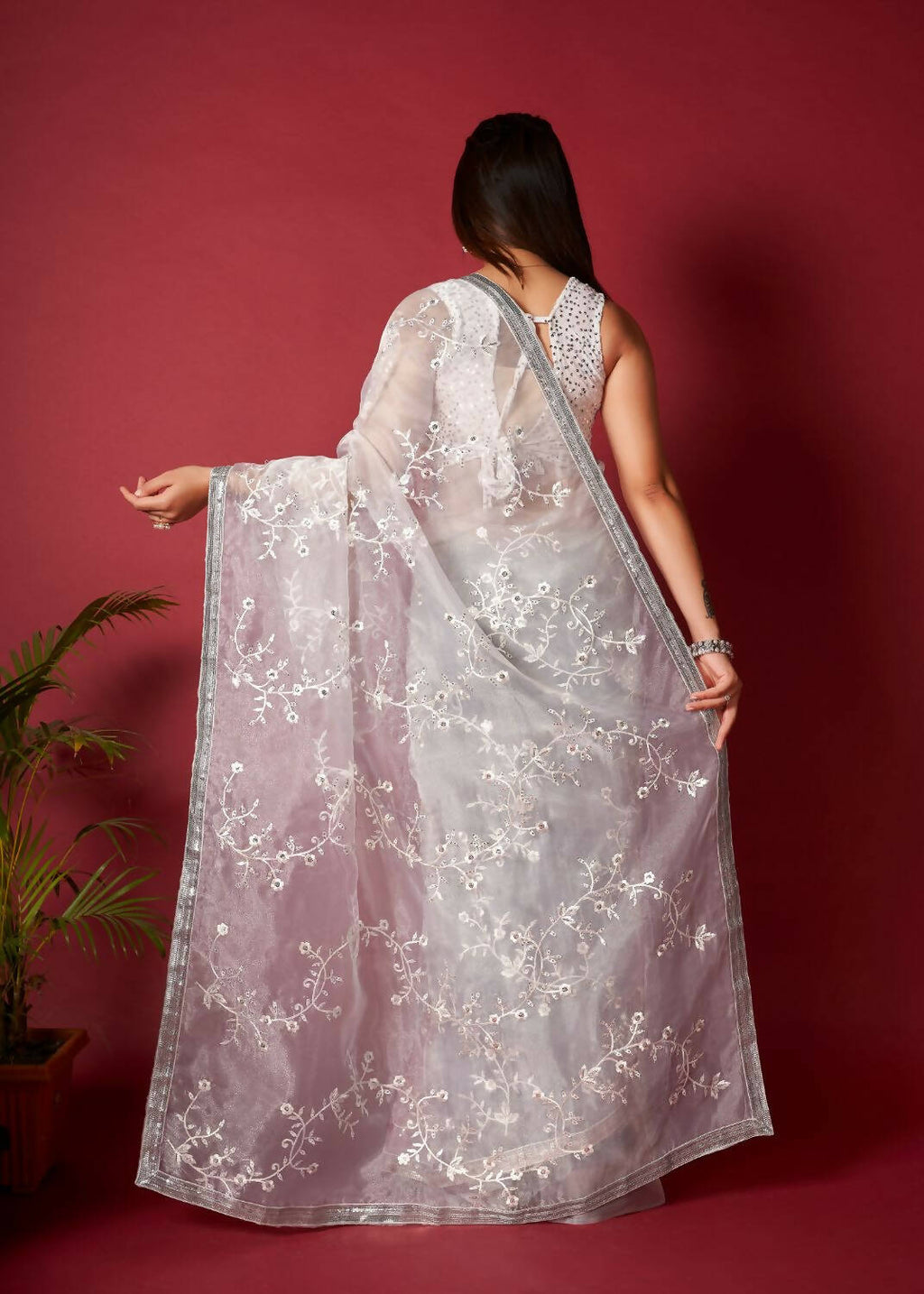 Vamsee White Organza Saree | Grocsy