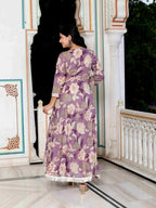 Miravan Women's Purple Flower Printed With Beautiful Lace Border Details Anarkali Kurta | Grocsy