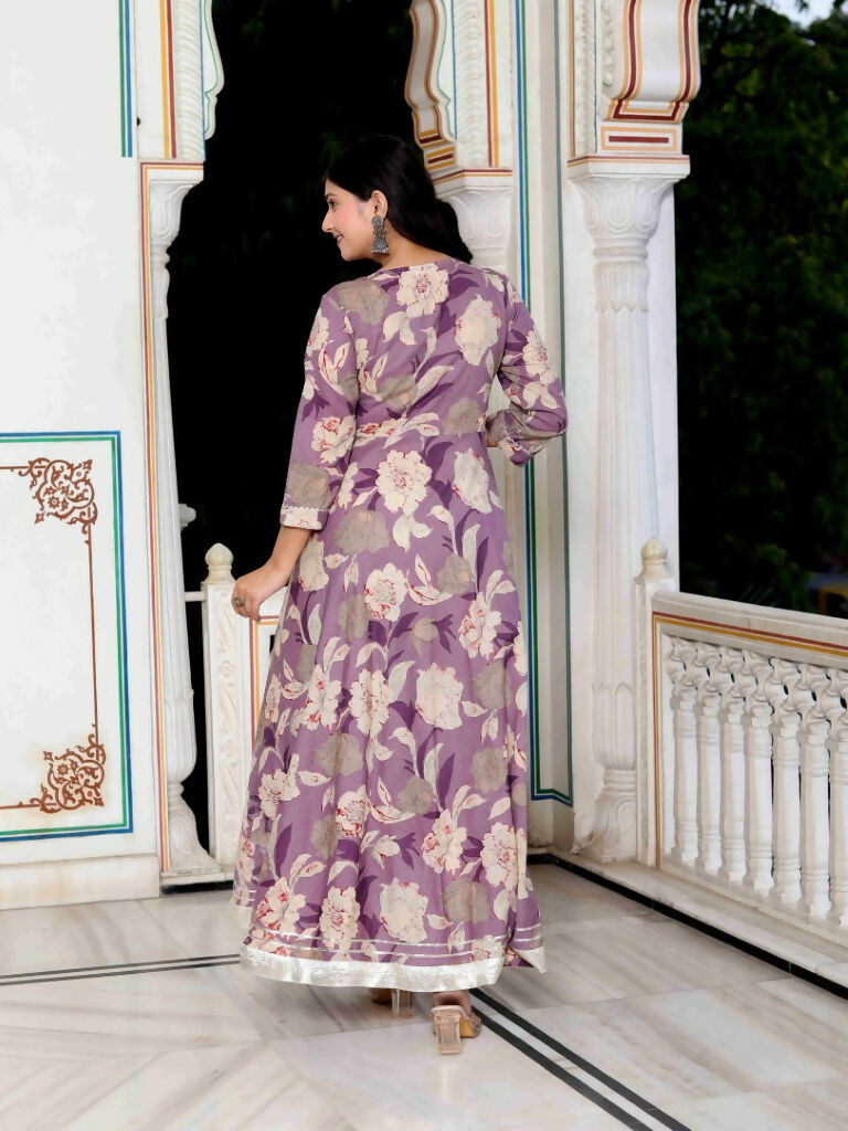 Miravan Women's Purple Flower Printed With Beautiful Lace Border Details Anarkali Kurta | Grocsy
