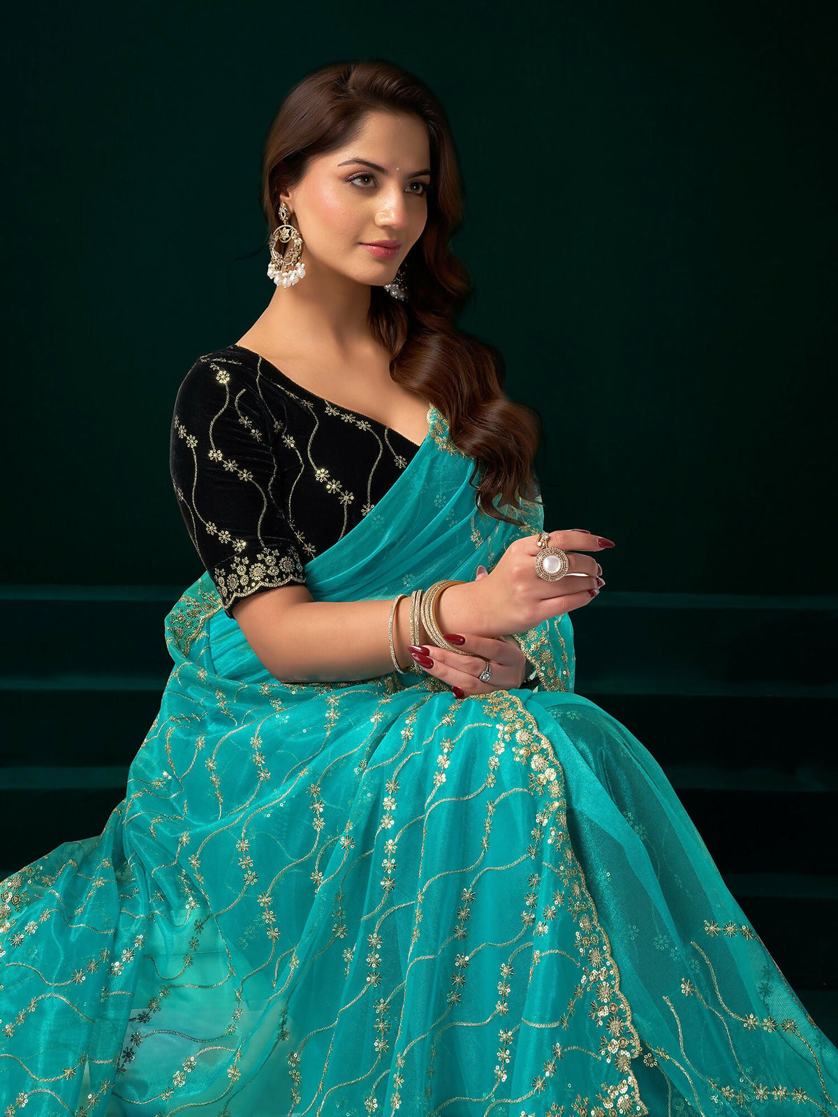 Joban Fashion Turquoise Net Party Wear Sarees | Grocsy