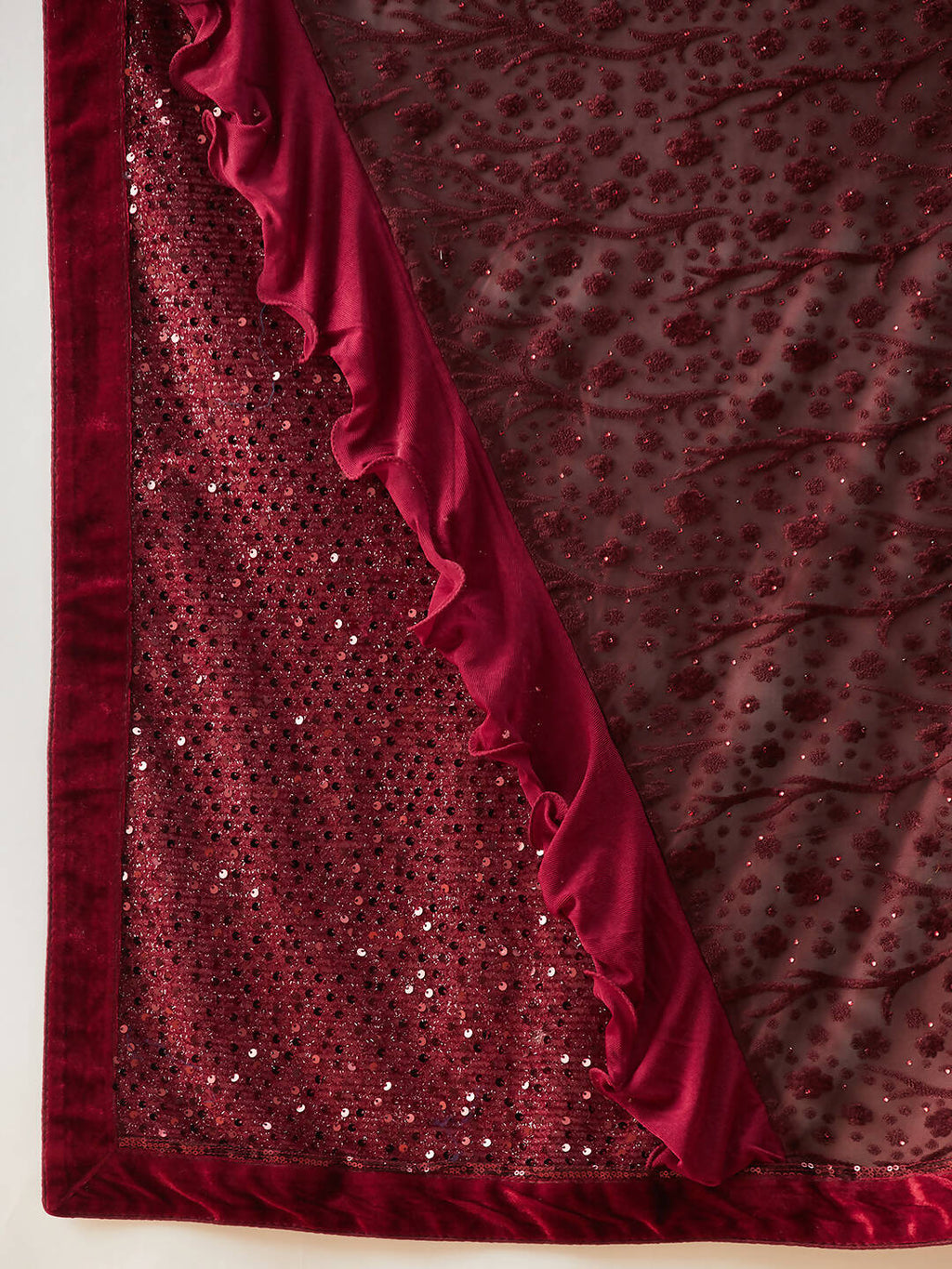 Maroon Lycra Embossed Fancy Velvet, Sequins Embroidery, Frill Details Saree - Norita Hit Design | Grocsy