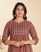 Aramya Red Soft Cotton Geometric Print Panelled Kurta Set for Women | Grocsy