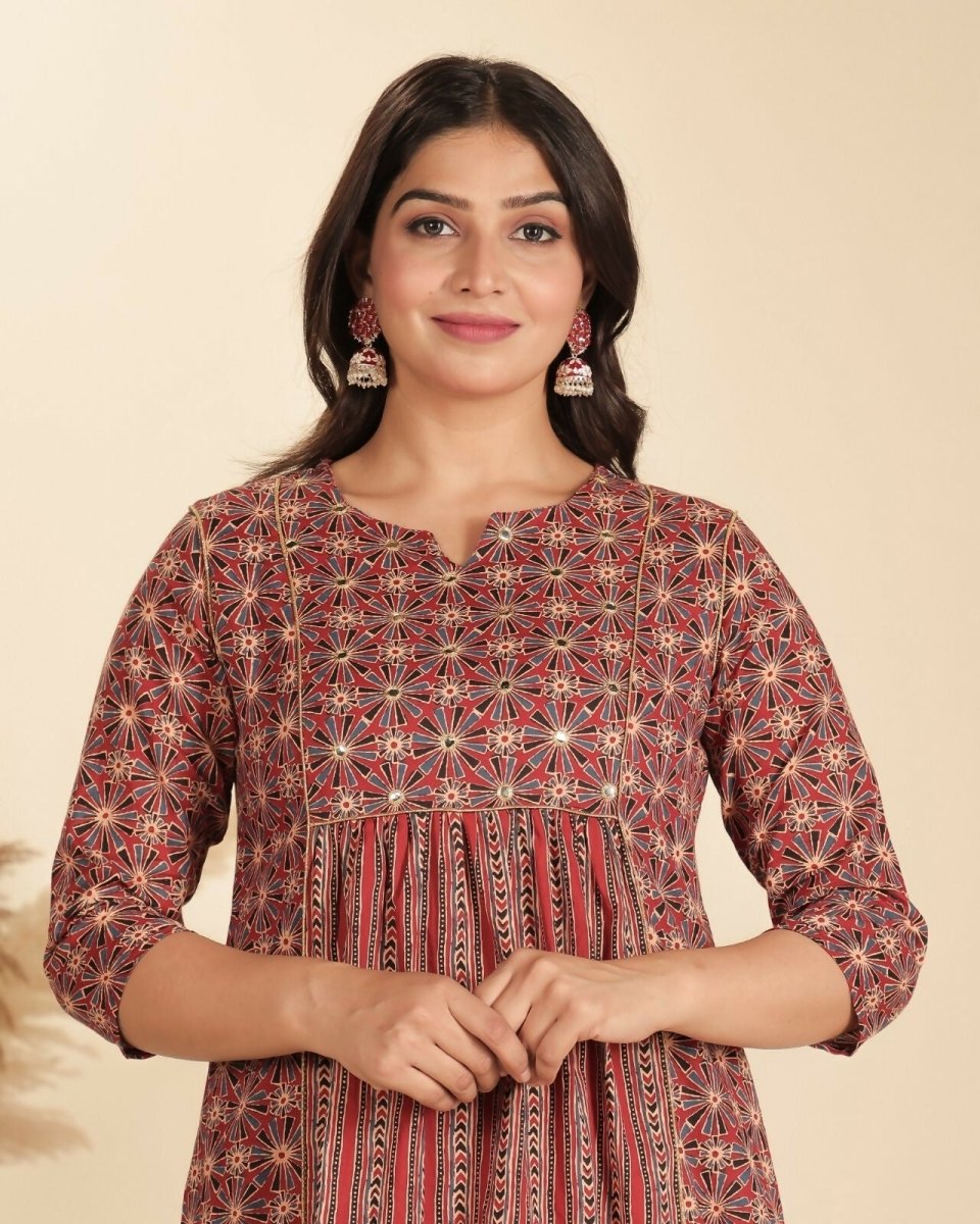 Aramya Red Soft Cotton Geometric Print Panelled Kurta Set for Women | Grocsy