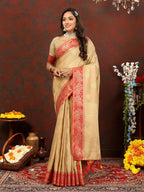 Lorenvalley Fashion Cream Cotton Woven Design with Zari Weaving Design Saree | Grocsy