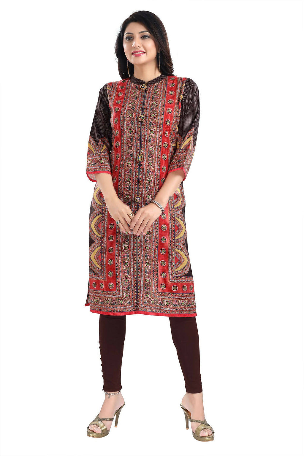 Snehal Creations Bombastic Brown Designer Digital Print Cotton Slub Fabric Long Kurti Tunic | Grocsy