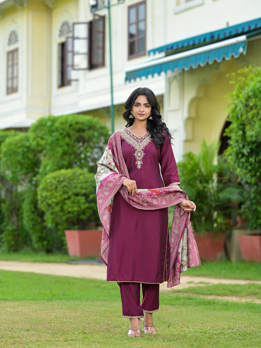 Juniper Women's Wine Solid Viscose Kurta Pant With Dupatta Set With Zari & Mirror Embroidery | Grocsy