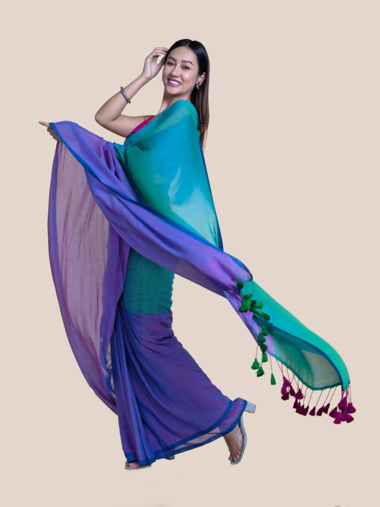 Suta Purple Green Colourblocked Mul Saree | Grocsy
