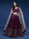 House of Panchhi Women Burgundy Pure Georgette Sequinse Embroidered Lehenga & Blouse, Dupatta | Grocsy