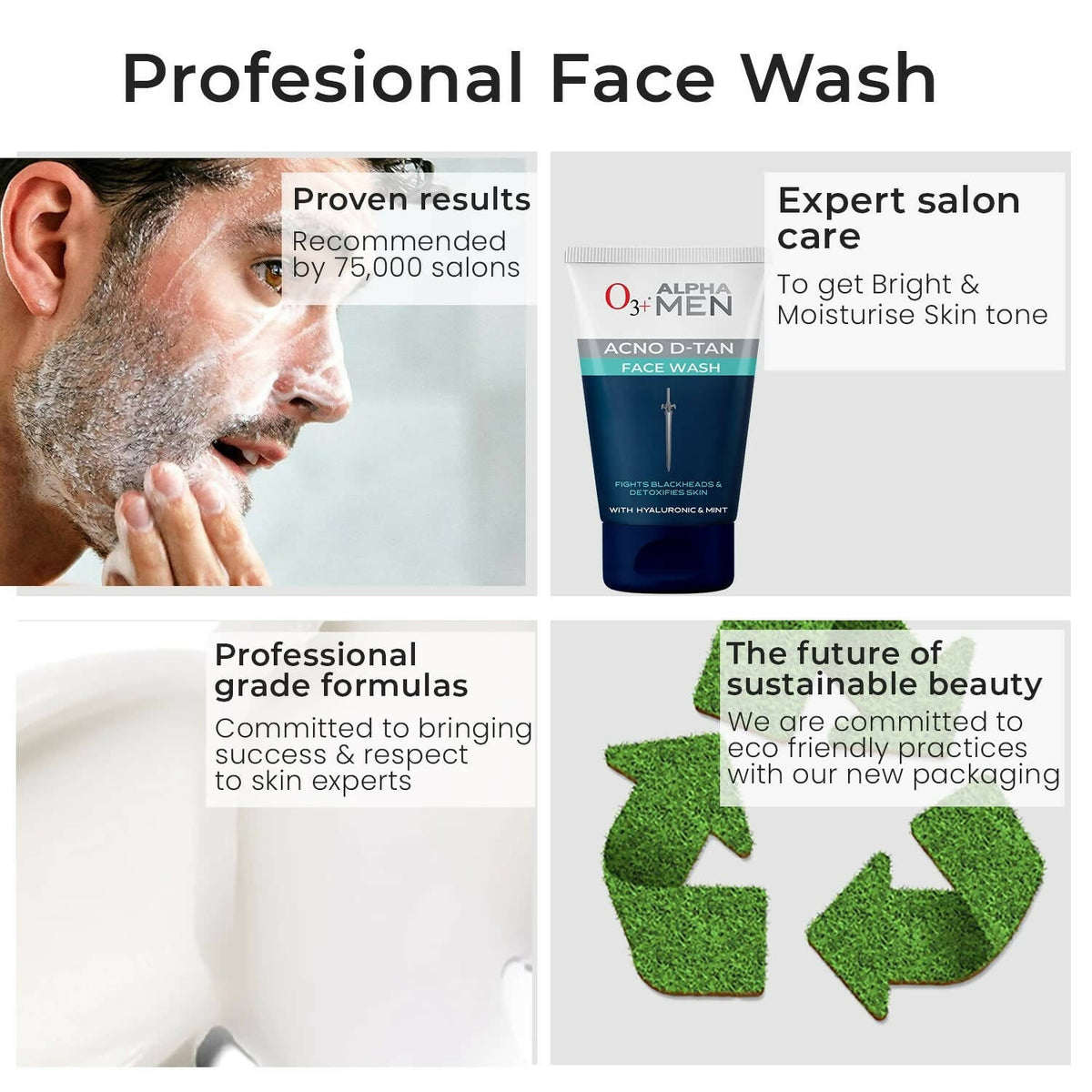 Professional O3+ Alpha Men Acno D-TAN Face Wash with Hyaluronic & Mint | Grocsy