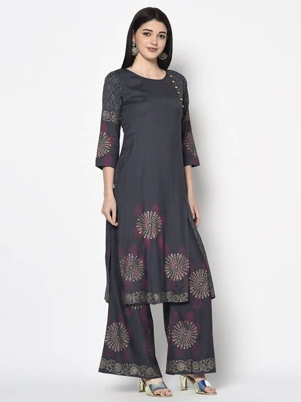 Aniyah Rayon Dark Grey Color Block Print Straight Kurta Palazzo Set (AN-202K) | Grocsy