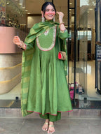 The52 Light Green Women's Gorgeous Embroidered Work Chanderi Fabric Flared Kurta Pant and Dupatta Set | Grocsy