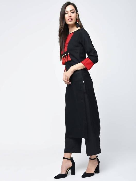 Aniyah Rayon Color Block Black Latest Straight Kurta With Tassels (AN-109K) | Grocsy