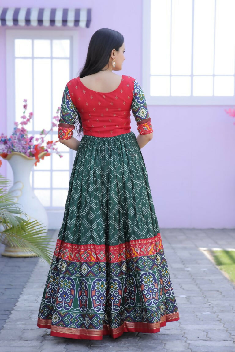 Jyoti Fashion Women's Bottle Green Patola with Foil Print Dola Silk Anarkali Dress | Grocsy