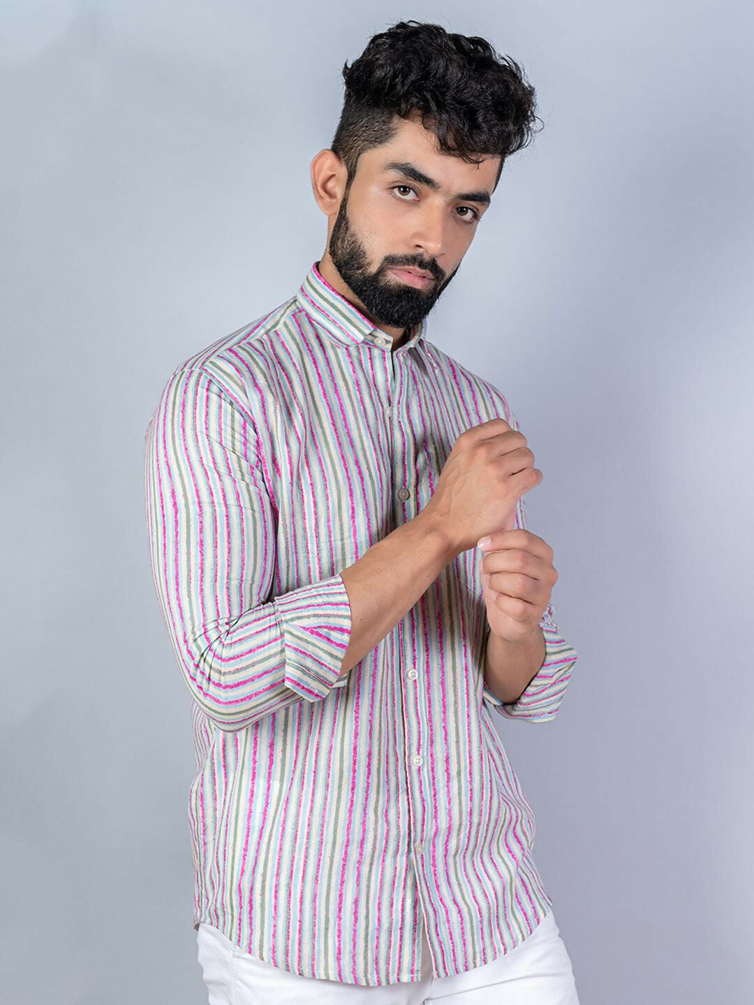 Miravan Men's Regular Fit Multi Stripe Cotton Button Down Full Sleeve Slim Fit Shirt | Grocsy