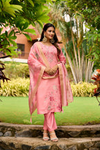 The52 Women's Beautiful Embroidery Work Roman Fabric Straight Kurta Pant and Dupatta Set | Grocsy