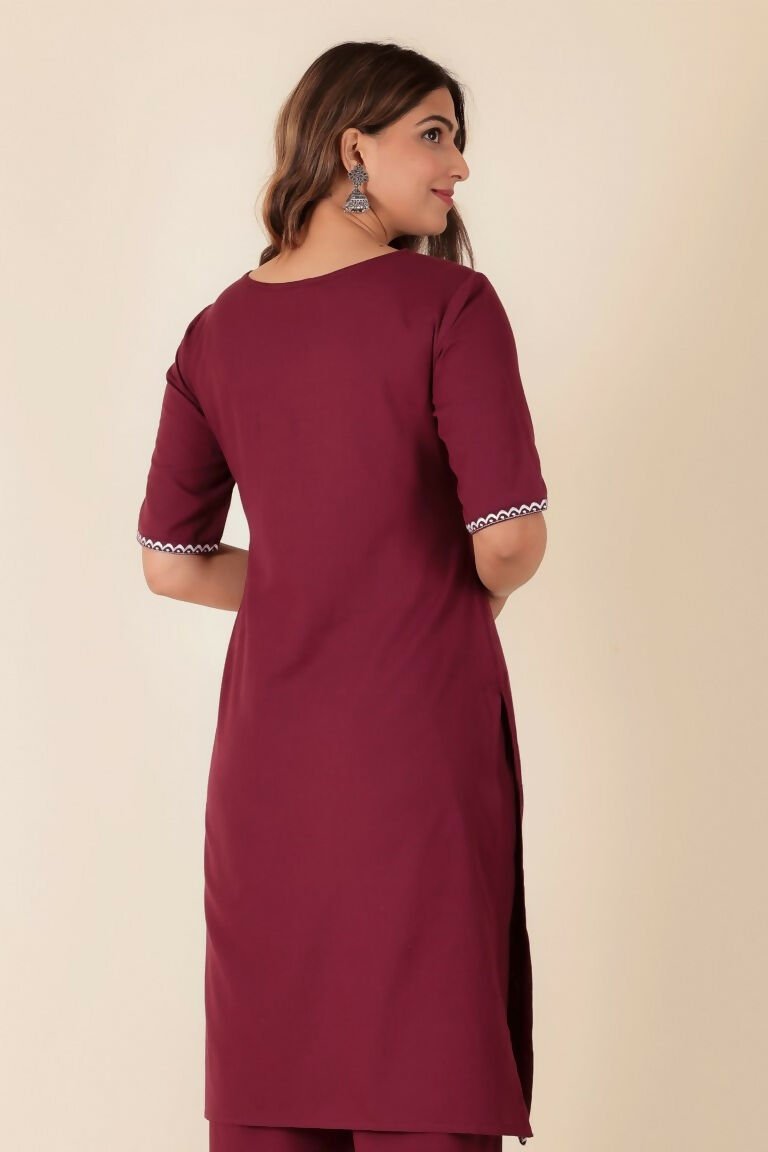 Aramya Maroon Linen Cotton Solid Straight Kurta for Women | Grocsy