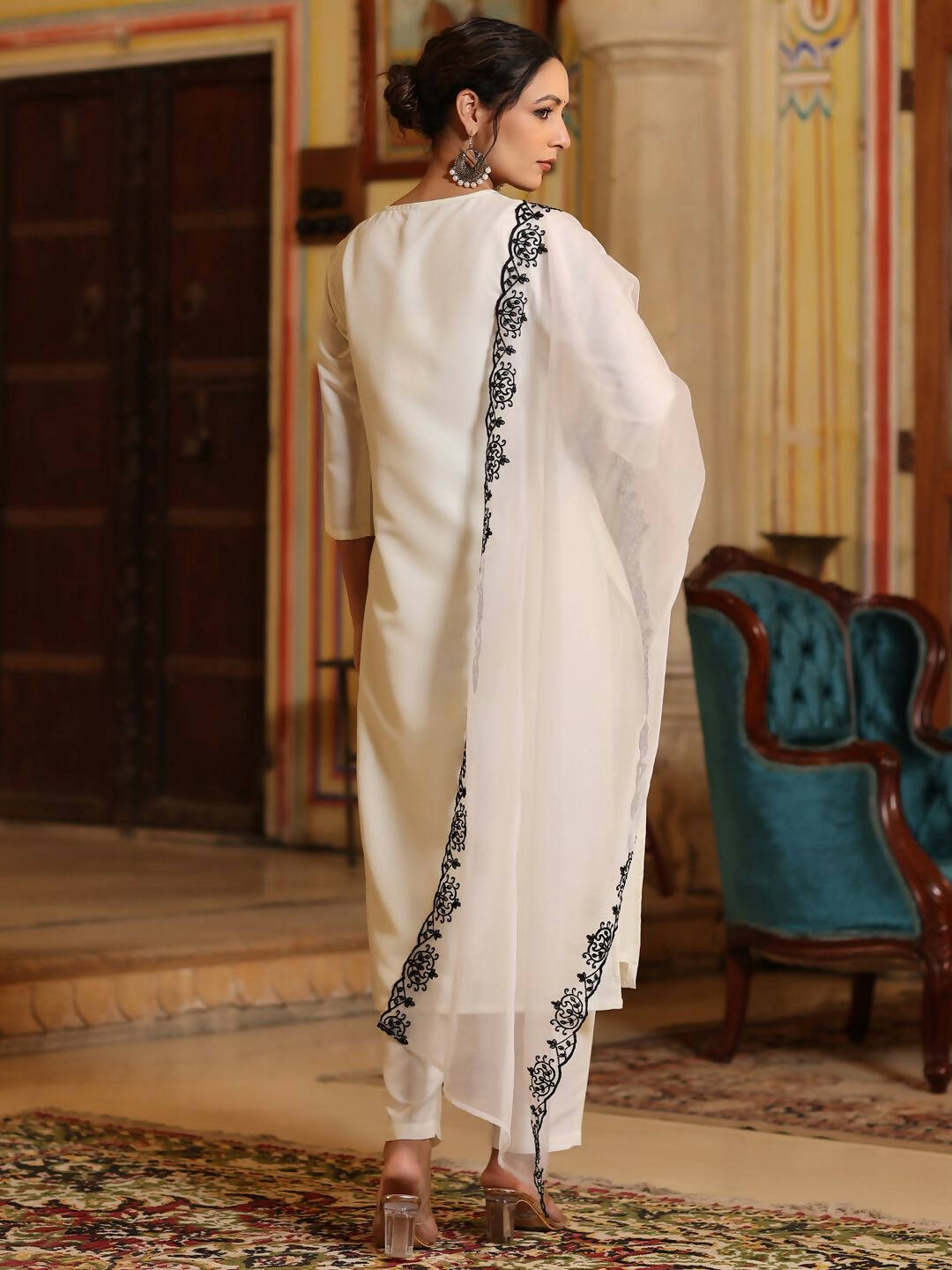 Juniper Women's White Chinnon Solid Embroidered Kurta Set | Grocsy