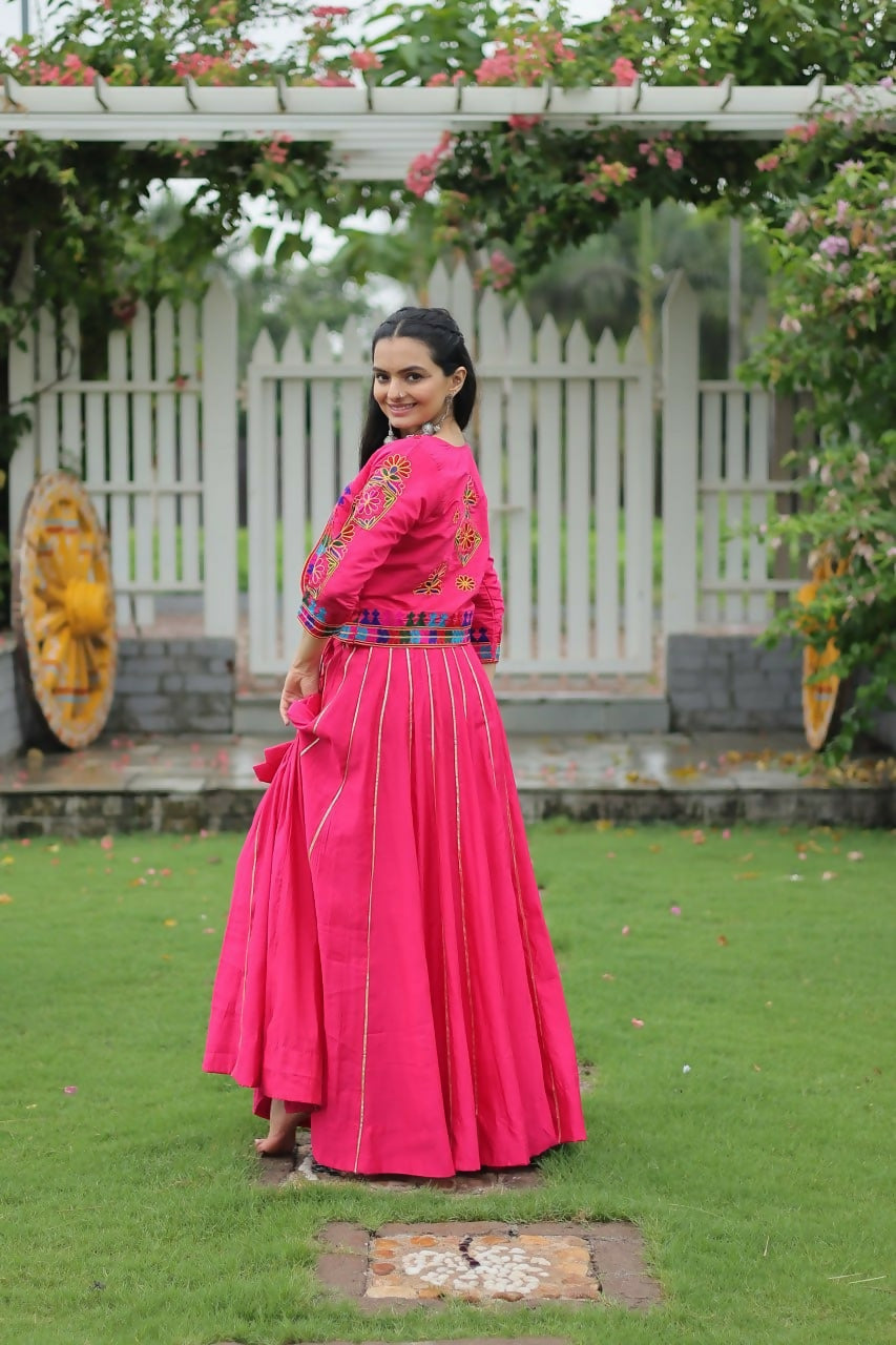 Teeya Creation Pink Colour Roman Silk With Gamathi Work Navratri Lehenga Choli | Grocsy