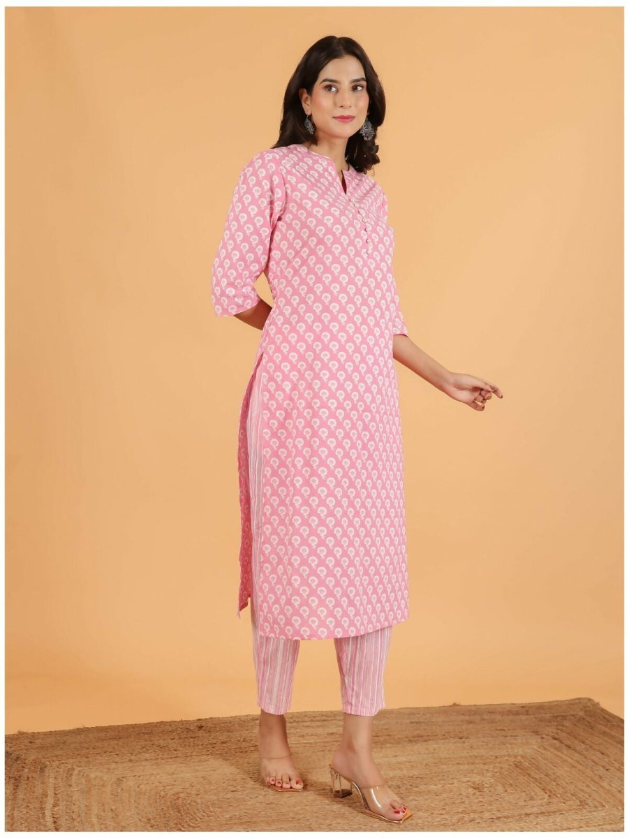 Aramya Pink Soft Cotton Floral Print Straight Kurta Pant Set for Women | Grocsy