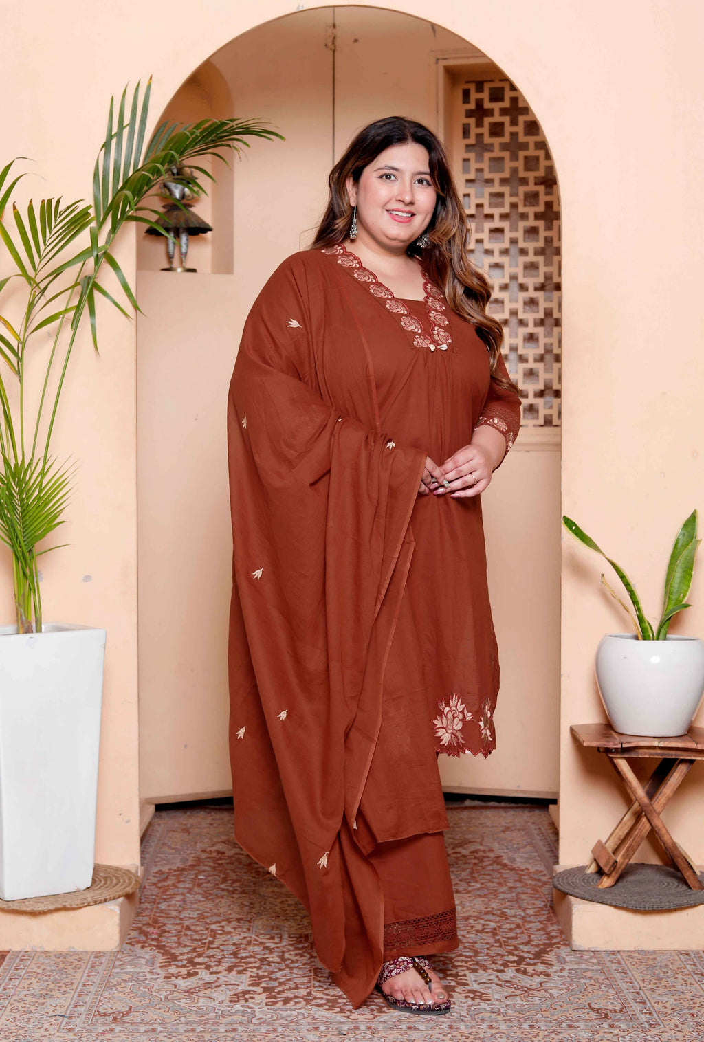 Miravan Womens Plus Size Embroidered Cotton Kurta with palazzo & Dupatta Set | Grocsy