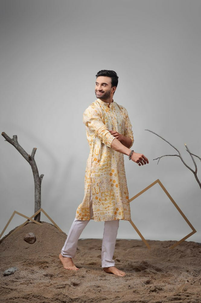 Yellow Modal Silk Designer Printed Kurta Set - Mahotsav | Grocsy
