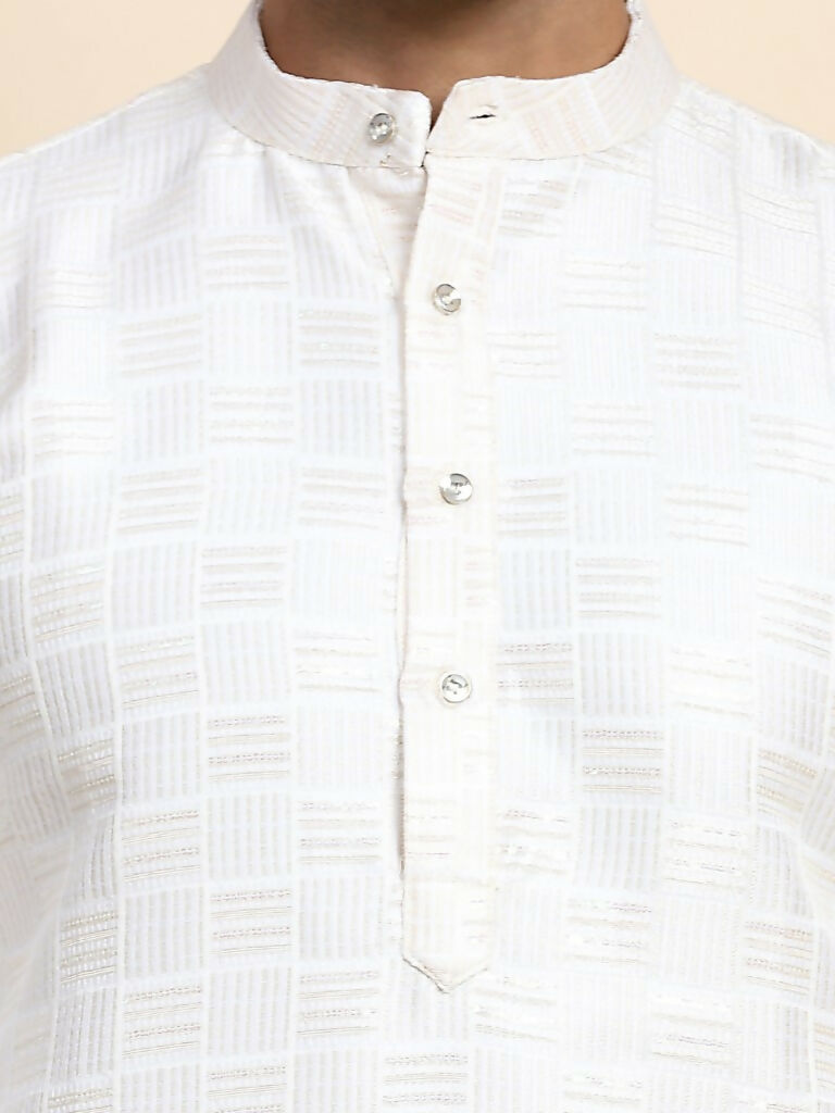 White Viscose Jacquard Woven Jacquard Designer Men's Rajwadi Kurta Set - Mahotsav | Grocsy
