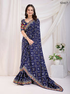 Blue Vichitra Silk Bandhani Printed, Embroidery Work Saree - Ditya | Grocsy