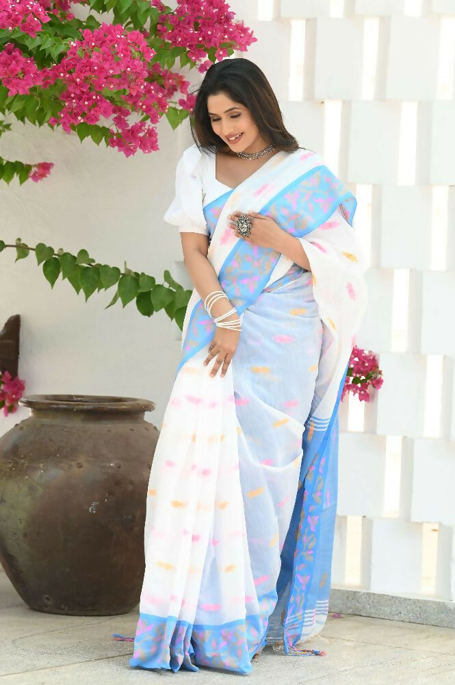 Beatitude White Slub Cotton Floral Jamdani Saree | Grocsy