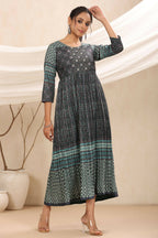 Juniper Bottle Green Muslin Festive Printed Flared Dress For Women | Grocsy