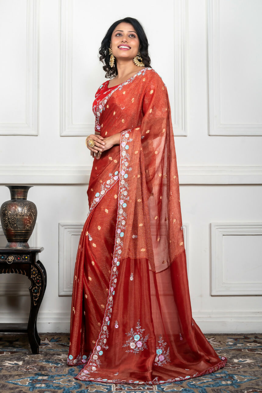 Morchari Rust Red Pure Chiffon Hand Embroidery Saree And Stitched Blouse | Grocsy