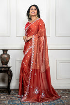Morchari Rust Red Pure Chiffon Hand Embroidery Saree And Stitched Blouse | Grocsy